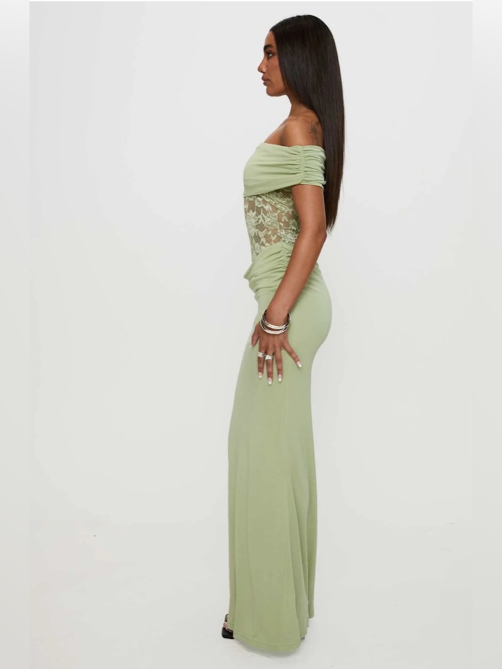 Off-Shoulder Sage Lace-Panel Maxi Dress - S - Picture 3 of 6